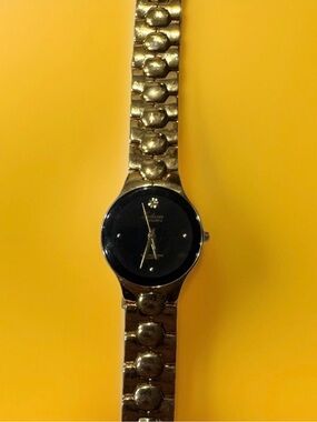 Galaxie By Elgin Black Dial Gold Tone Unisex Diamond Quartz Watch Rare PIM150DM